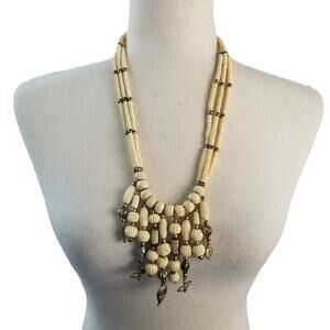 BOHO Chic Beads Baubles Birds Cream Metal Vintage Statement Necklace